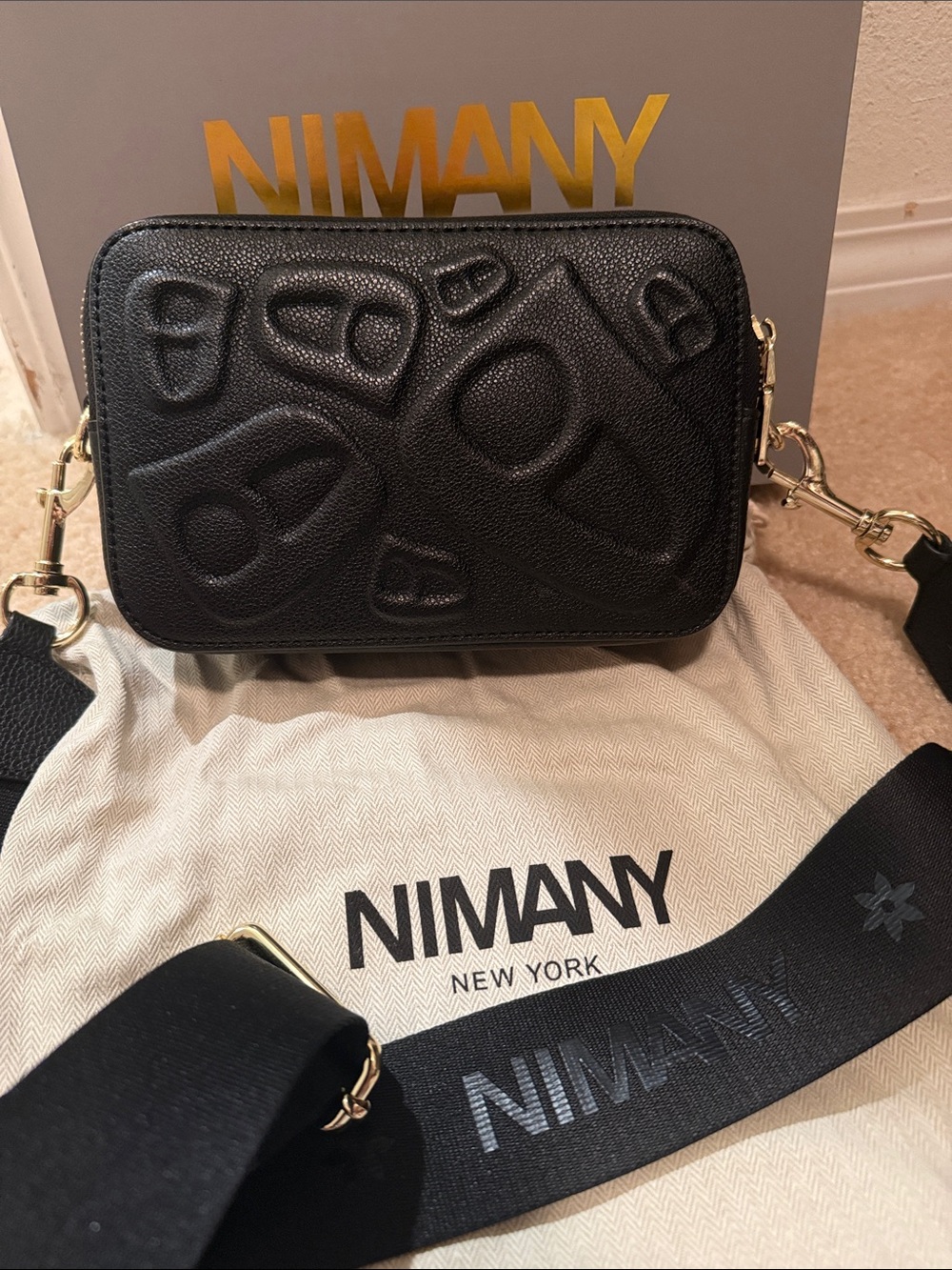 NIMANY Black Embossed Leather Crossbody Bag with Wide Strap